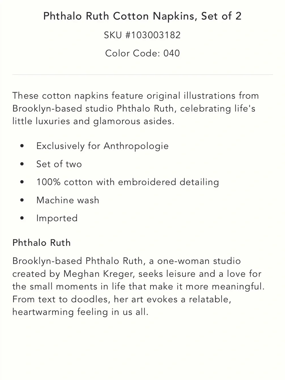 Anthropologie Phthalo Ruth Cocktail Napkins Set of 2